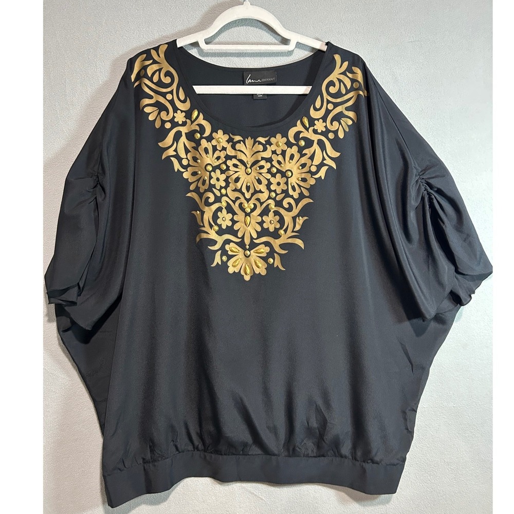 Lane Bryant Blouse Women 22/24 Black Gold Embellished Dolman Sleeve Top
